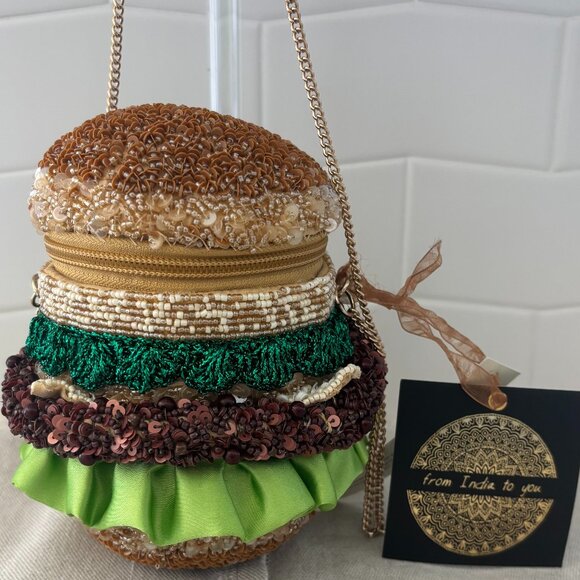 Made in India Hamburger Beaded Bag - Brown/Tan, Green, White-Gold Chain-Viral - Picture 1 of 11